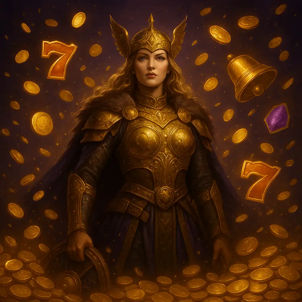 Viking warrior queen surrounded by golden coins and slot symbols representing Norsemania Casino