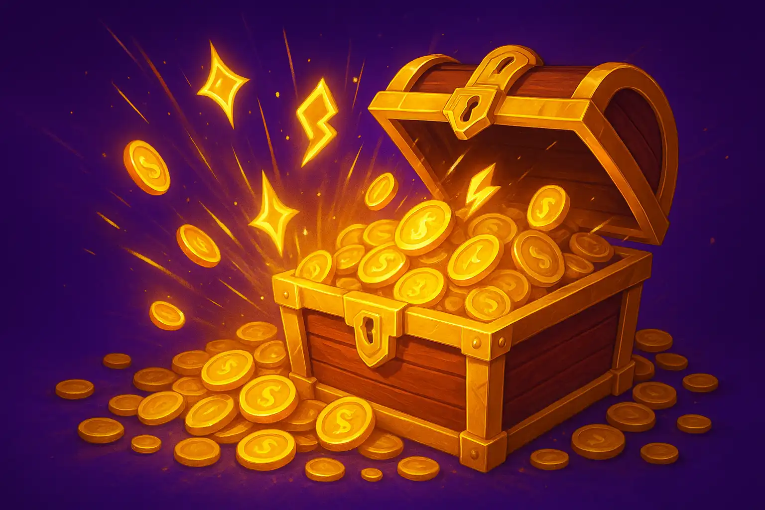 Golden bonus coins and a treasure chest representing Norsemania casino bonuses